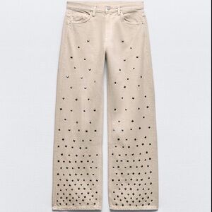Zara Cream Studded Wide Leg Jeans